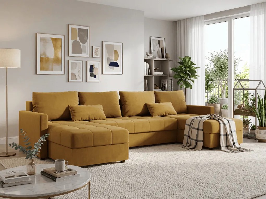 Rozkładana sofa narożna w kształcie U VENORIA 285x146 cm, musztardowa + 2 poduszki GRATIS