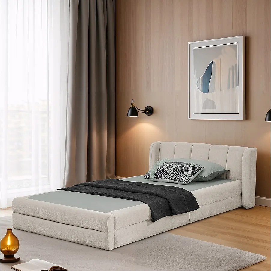 Łóżko pojedyncze 90x200 cm z zagłówkiem i tapicerowanym stelażem listwowym, szenila beżowa - bez materaca
