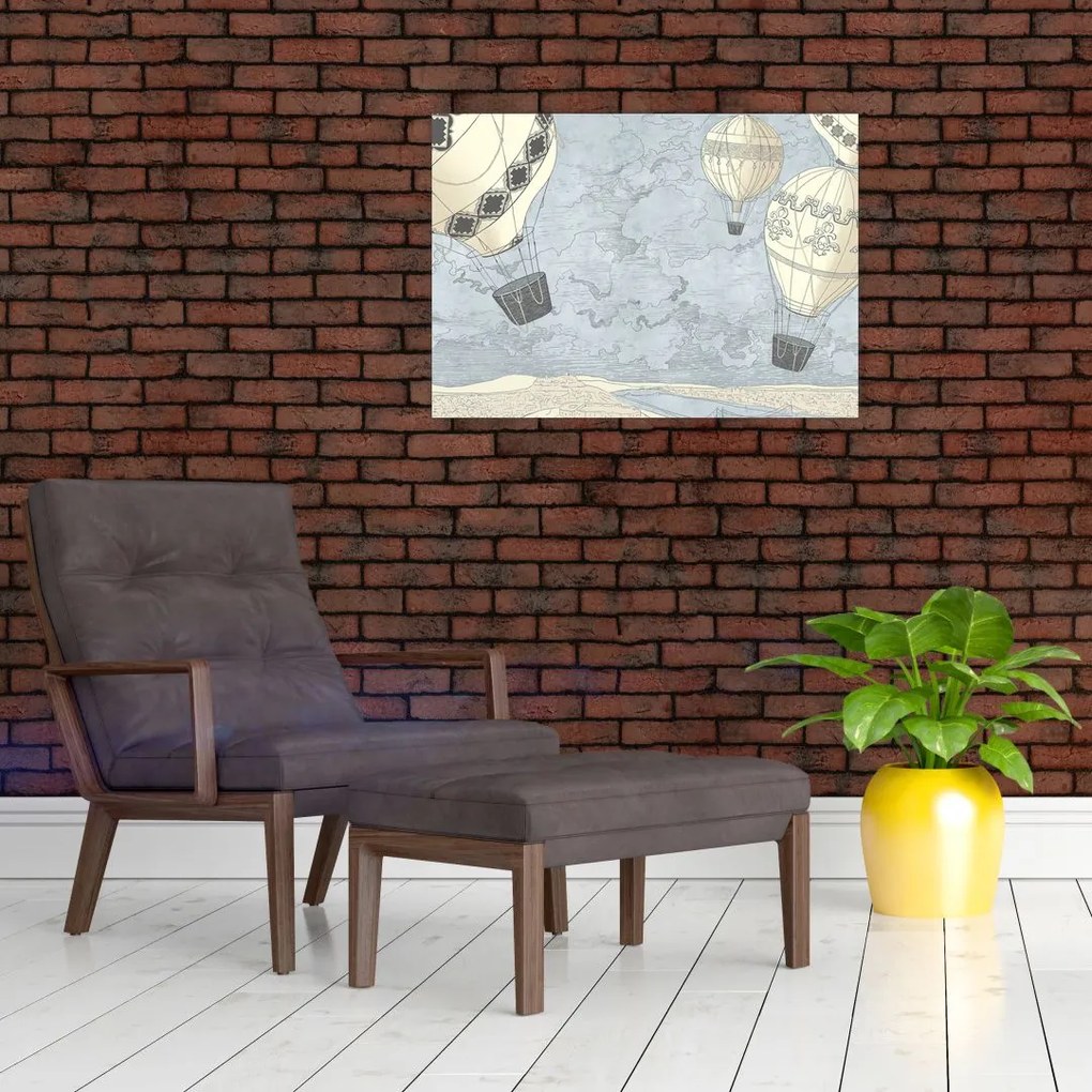 Obraz na szkle - Balony nad miastem, zimne odcienie (70x50 cm)