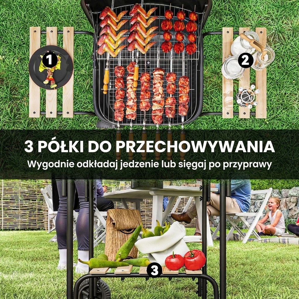 Outsunny Grill węglowy ze stali, przenośny, z zamykaną pokrywą, rusztem, kółkami i półkami, 98 x 54 x 91 cm, czarny | Aosom PL
