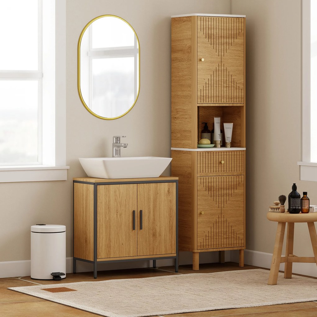 HOMCOM szafka pod umywalkę, szafka z 2 drzwiami, regulowana półka, 60x30x60 cm szafka łazienkowa z ramą stalową, do umywalek bez podstawy, Dąb