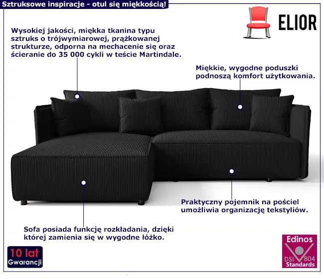 Czarna rozkładana nowoczesna sofa narożna M6-D12
