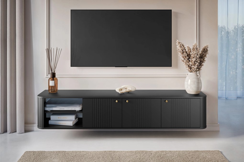 Szafka RTV wisząca Vesper 187 cm trzydrzwiowa - czarny / złote uchwyty