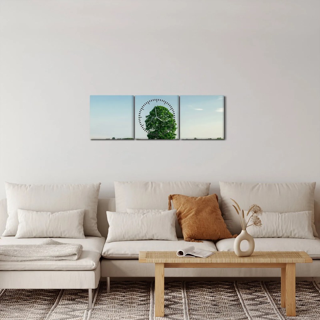 Obraz drzewa na środku łąki (z zegarem) (90x30 cm)
