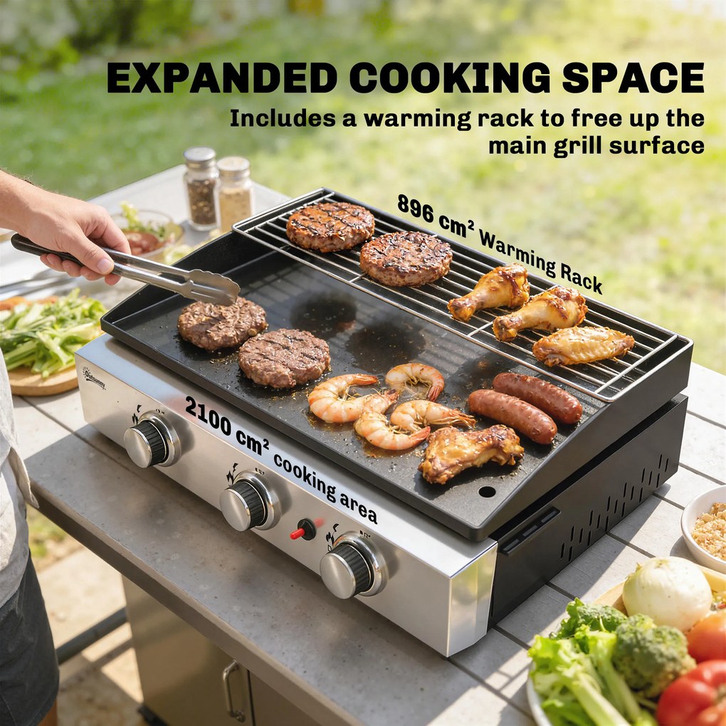 Outsunny Grill Gazowy 7,5 kW Przenośny Stołowy z 3 Palnikami Powłoka Ceramiczna Ruszt do Podgrzewania | Aosom PL