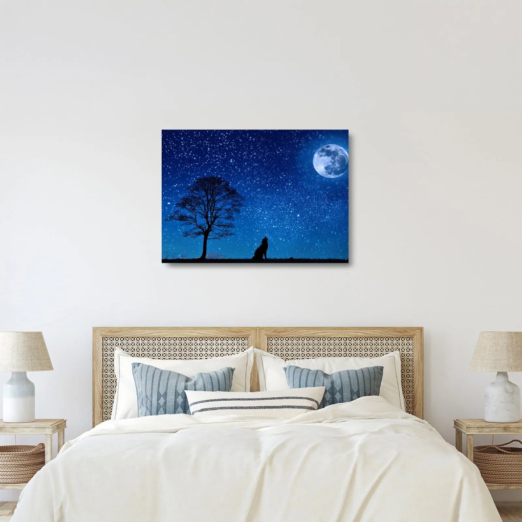 Obraz na szkle wilka wyjącego do księżyca (70x50 cm)