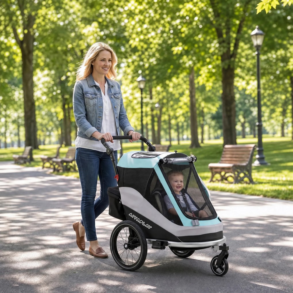 AIYAPLAY 2 w 1 przyczepka rowerowa i wózek składana, przyczepka dla dzieci z pasem 5-punktowym, odblaskami, pneumatycznymi oponami 40,64 cm, hamulec | Aosom PL