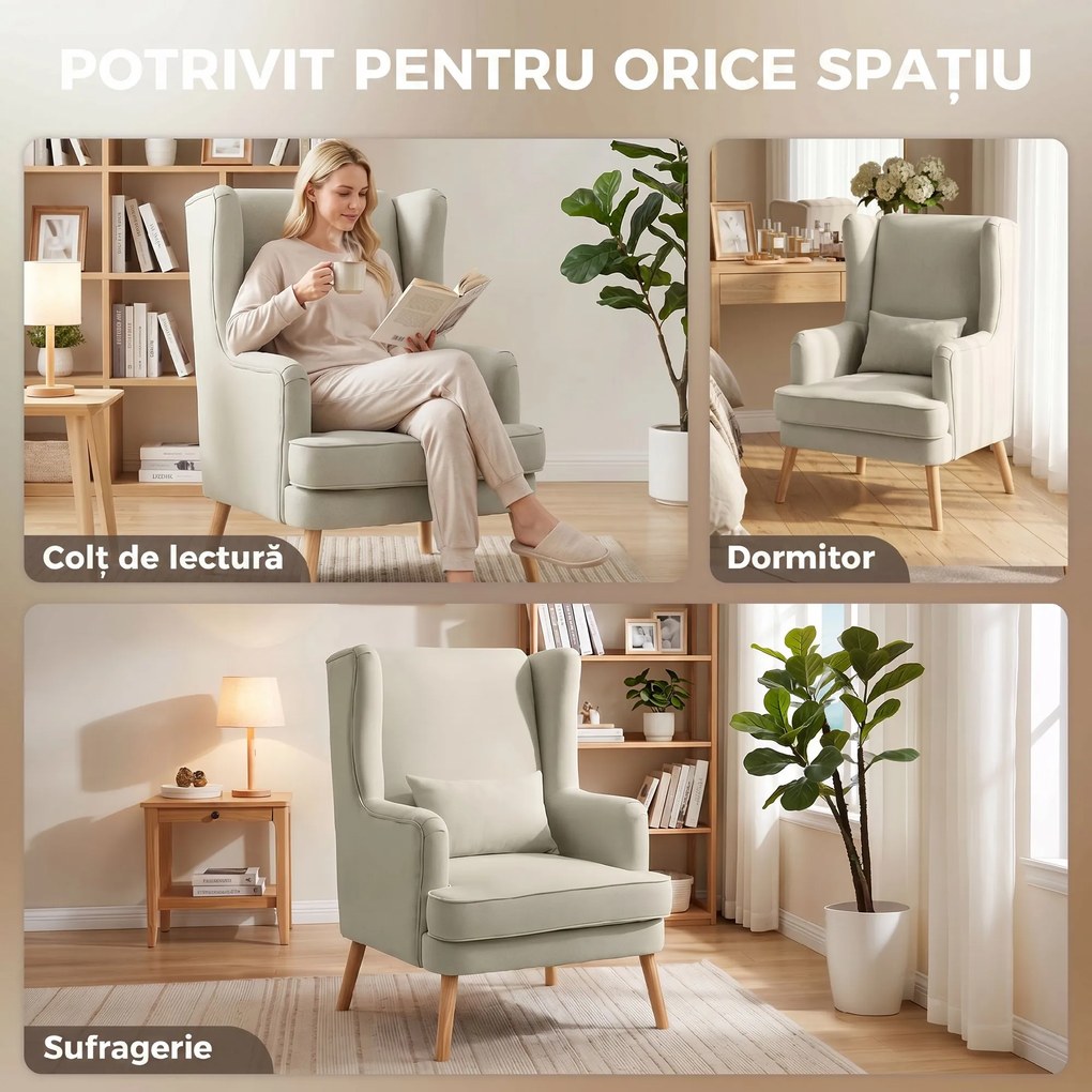 HOMCOM Fotel akcentowy, fotel o wyglądzie lnu, wysokie oparcie, szerokie siedzisko, poduszka lędźwiowa, beżowy | Aosom PL