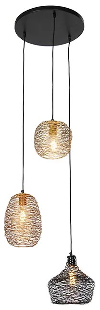 Lampa wisząca czarna, złota i miedziana, okrągła, 3-światłowa - SarellaDesignerski Oswietlenie wewnetrzne