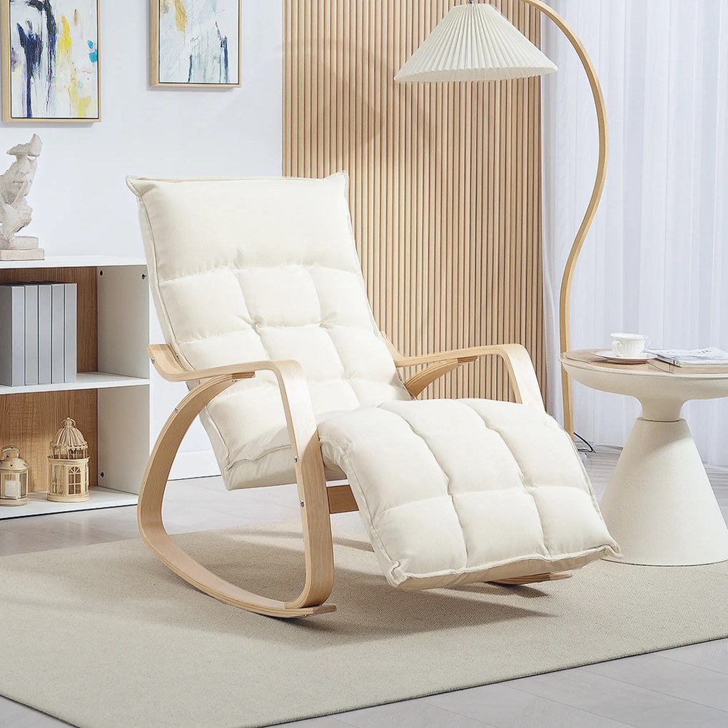 HOMCOM Wyściełany Bujany Fotel, Fotel Relaksacyjny z Podłokietnikami i Stalową Ramą, do Salonu, Sypialni, 67 x 106-123 x 92 cm, Kolor Kremowy | Aosom PL