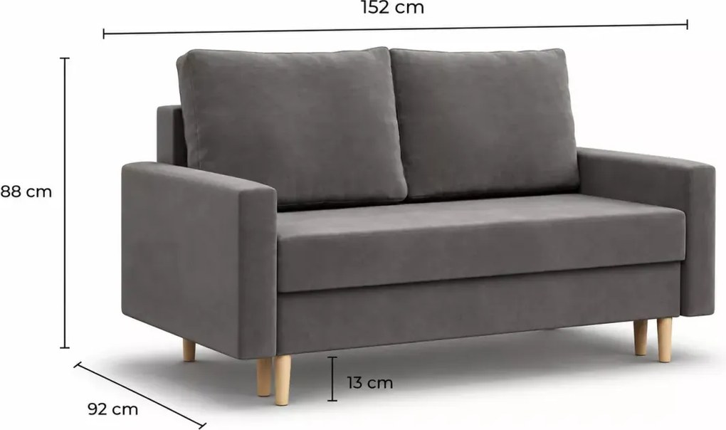Sofa rozkładana Stivo 2-osobowa z pojemnikiem na pościel – nowoczesna, skandynawska, mała kanapa do salonu i pokoju
