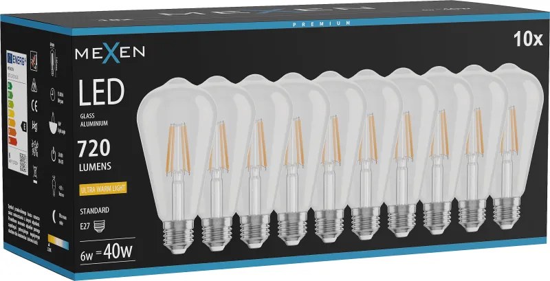 Mexen Vintis 10x żarówka filament LED E27, ST64, 6W, Ciepła - 2200K, 720 lm, clear - L152-E27-0622-00x10