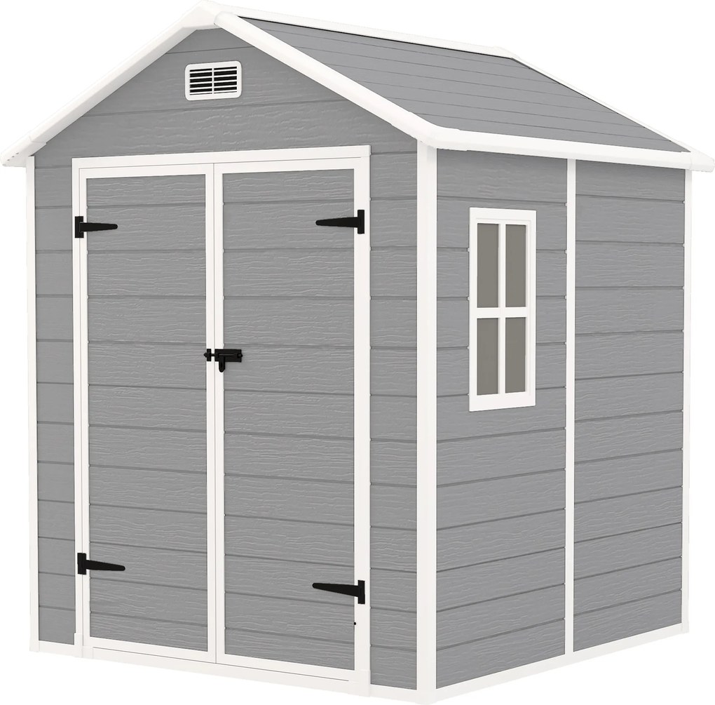Outsunny Szopa ogrodowa, Schowek na narzędzia z podłogą, zamknięte drzwi, otwory wentylacyjne, okno, wygląd drewna, Tworzywo sztuczne, Szary