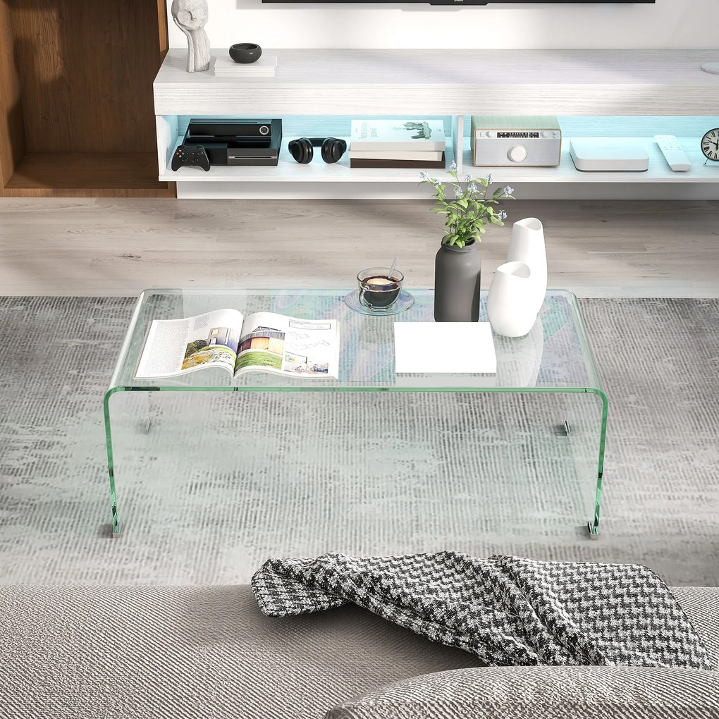 HOMCOM Stabilny stolik kawowy ze szkła, jednoczęściowy design, prosty i nowoczesny, 100 x 50 x 35 cm, Przezroczysty | Aosom PL