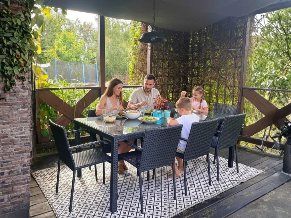 Duży zestaw obiadowy z technorattanu (stół 200x100cm + 8 krzeseł) SOTTILE czarny