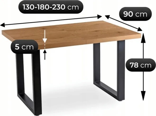 Stół Prostokątny Rozkładany TOMAS 130-230 cm Dąb Złoty/Czarny do Jadalni Loft
