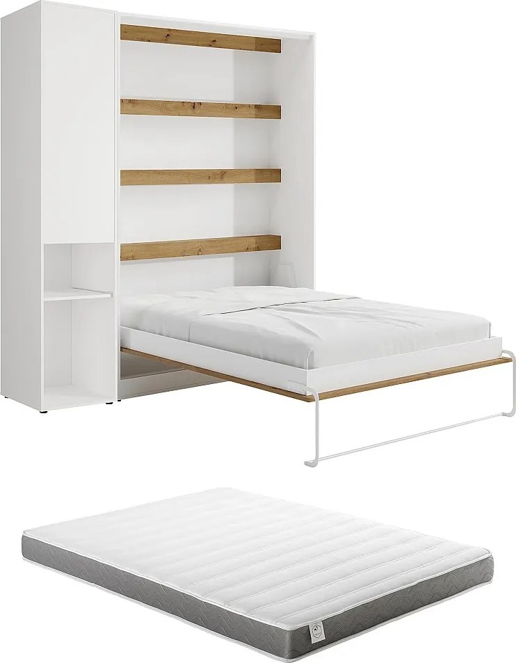 Łóżko chowane w szafie pionowe 140 x 200 cm - 1 kolumna do przechowywania - Z oświetleniem LED - Białe i naturalne + Materac - RAPILI