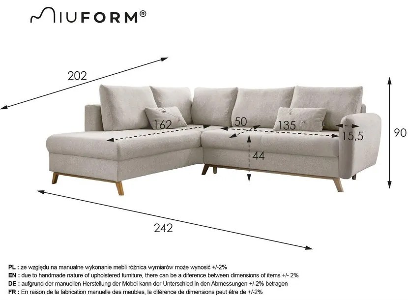 Ceglasty rozkładany narożnik Miuform Scandic Lagom L, lewostronny