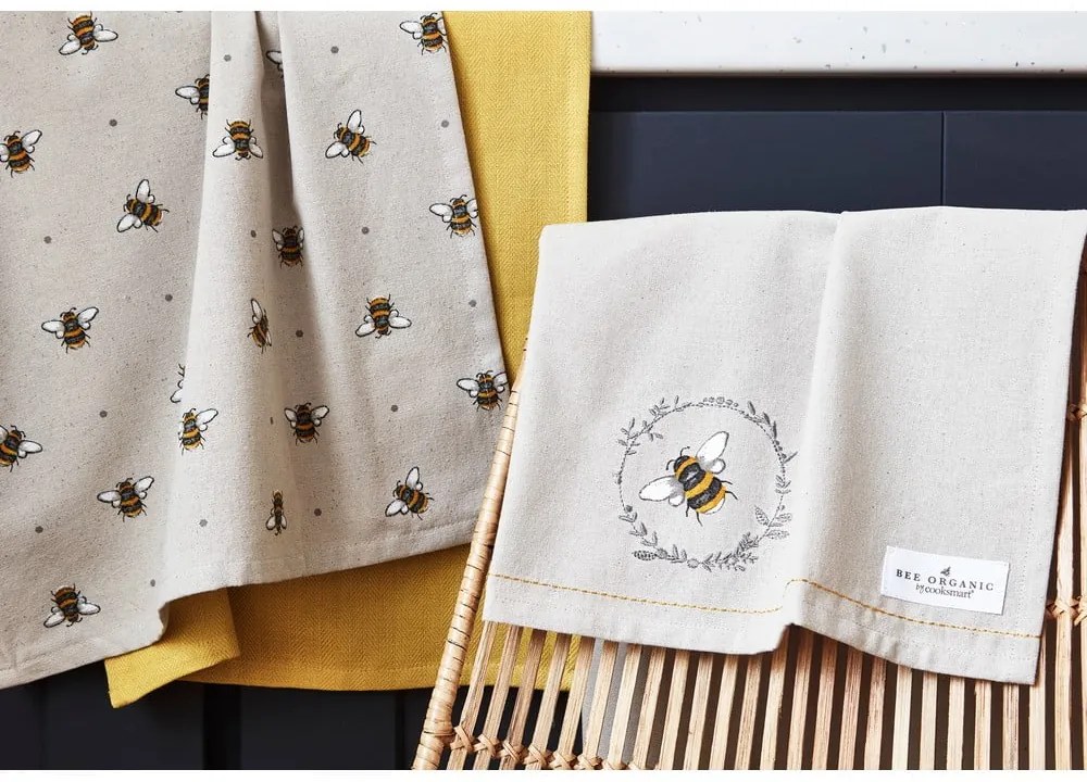 Zestaw 3 beżowo-żółtych bawełnianych ścierek kuchennych Cooksmart ® Bumble Bees