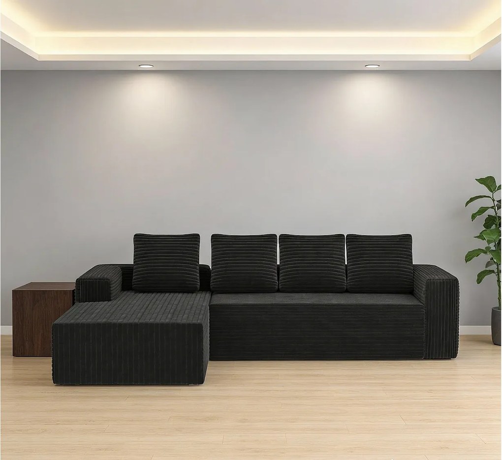 Modułowa kanapa narożna lewa - Welur prążkowany Czarny - 4-osobowa - 4 poduszki i 150cm szezlong - 261x171x58cm