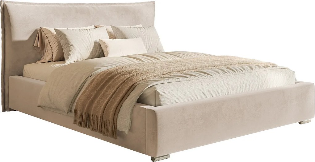 Łóżko tapicerowane 180x200 Zenito - pojemnik, stelaż drewniany, zagłowie-poduszka - beżowy (Amor Velvet 4304)