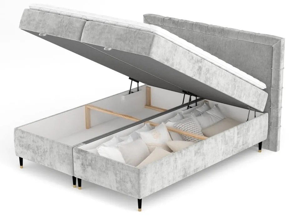 Jasnoszare łóżko boxspring ze schowkiem 160x200 cm Voyage – Maison de Rêve