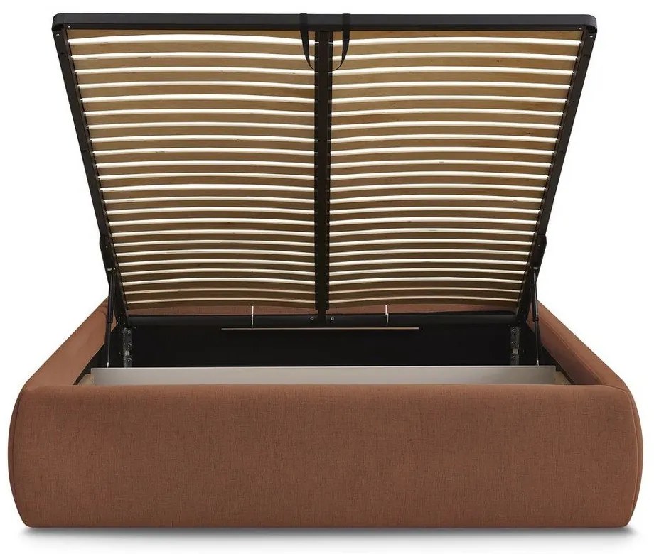 Pomarańczowe tapicerowane łóżko dwuosobowe bez zagłówka ze schowkiem i stelażem 180x200 cm Inera – Bobochic Paris