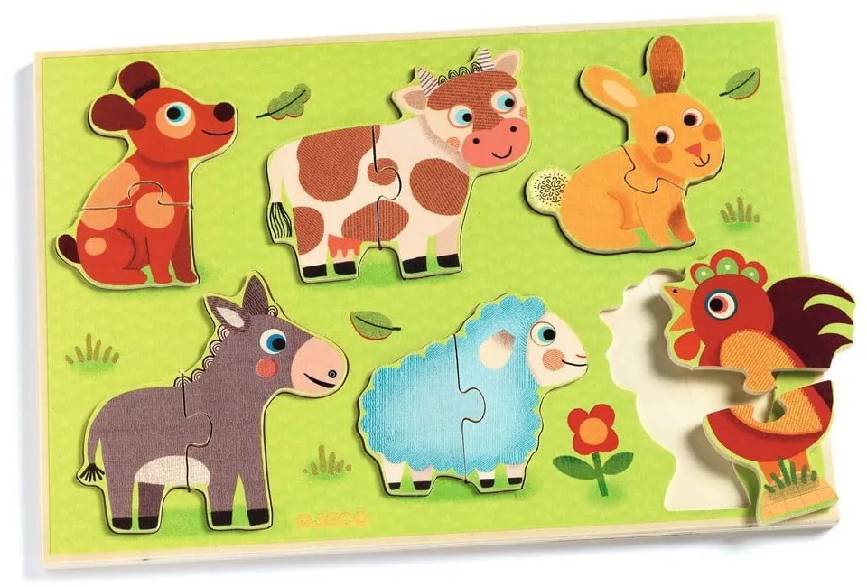 Drewniane puzzle wkładane dla dzieci z motywem zwierząt Djeco