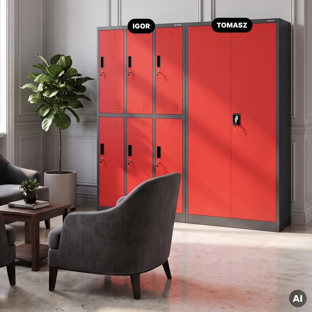 Szafa metalowa ze schowkiem antracytowo-czerwona, 900x1850x450 mm: TOMASZ