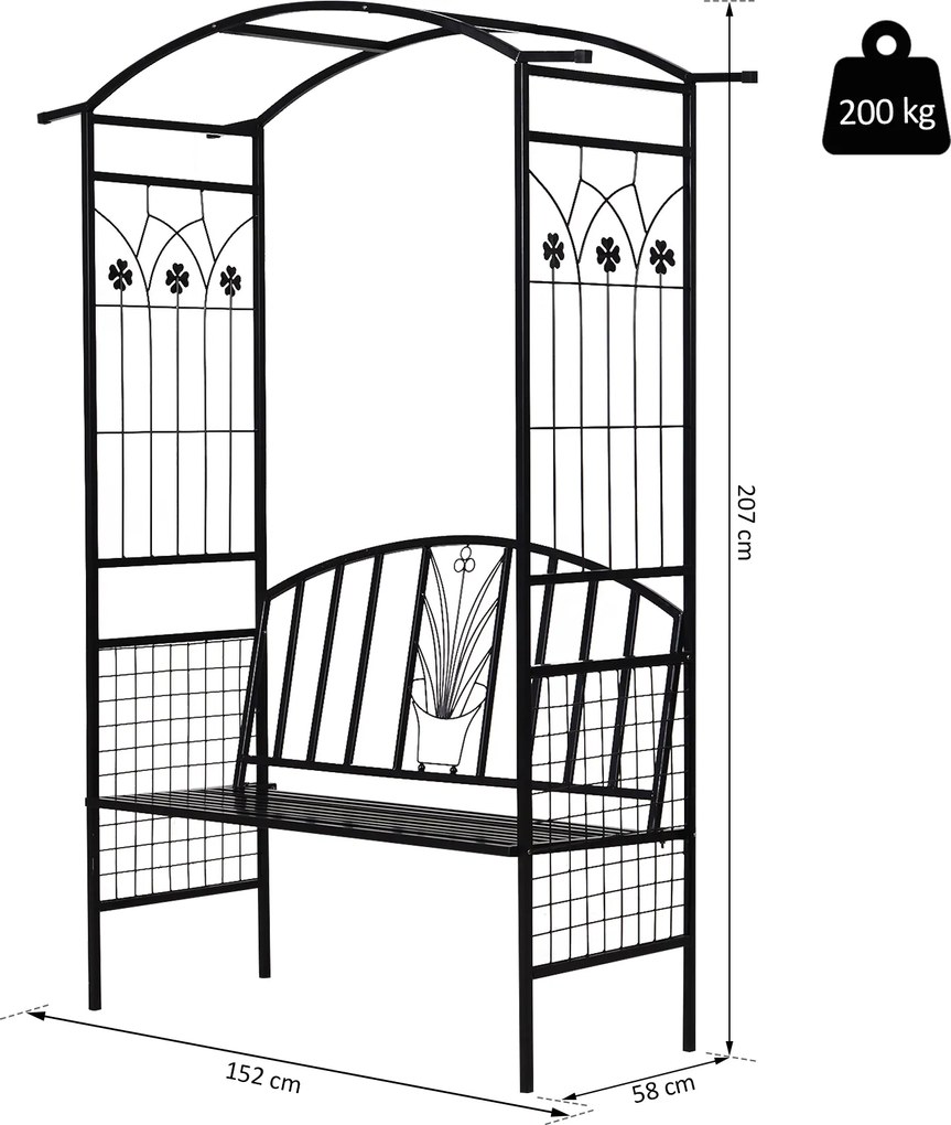 Outsunny Łuk Ogrodowy z Ławką Metalowa Brama Pergola Kratka dla Roślin Wspinających Czarny 152x58x207cm | Aosom PL