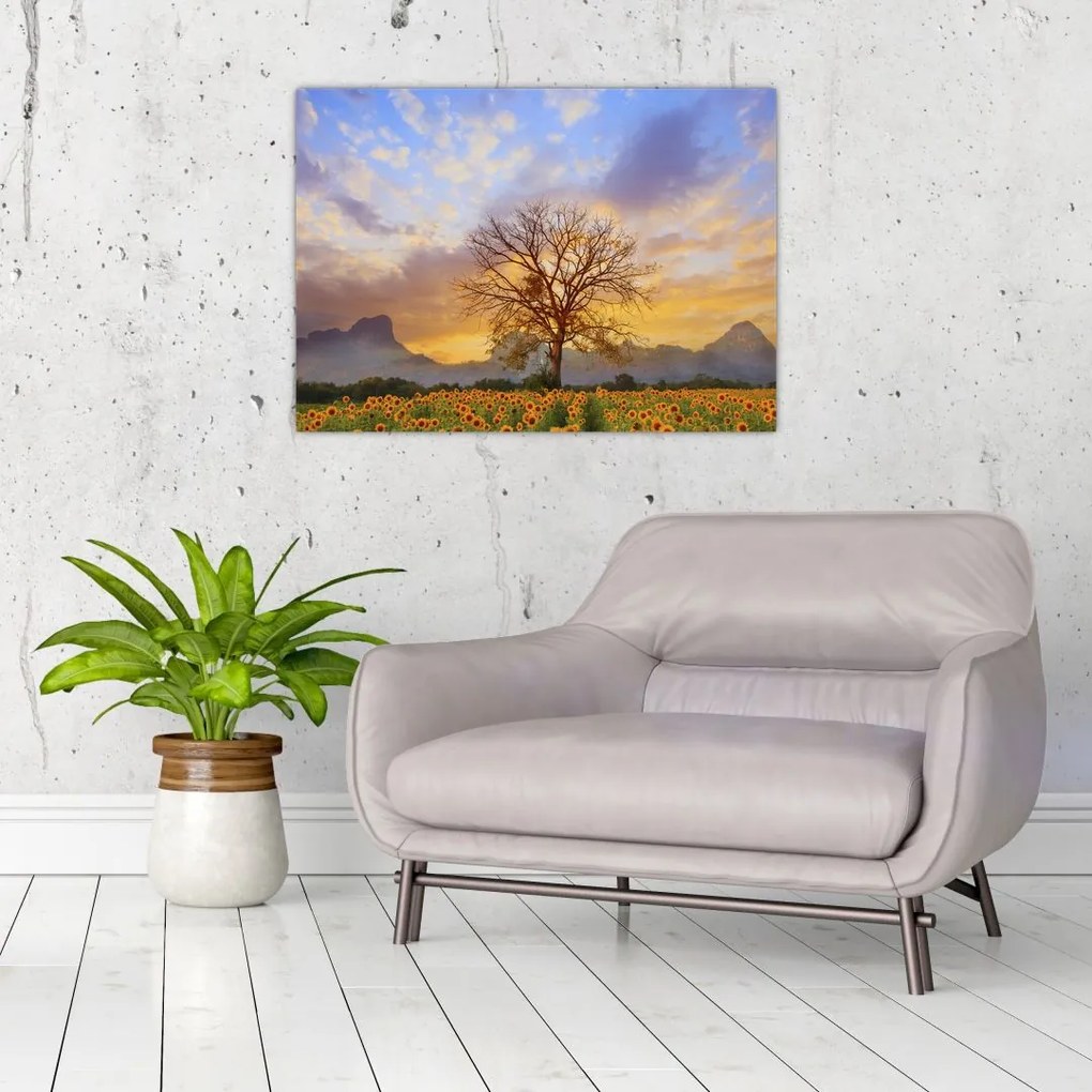 Obraz na szkle - Pejzaż ze słonecznikami (70x50 cm)