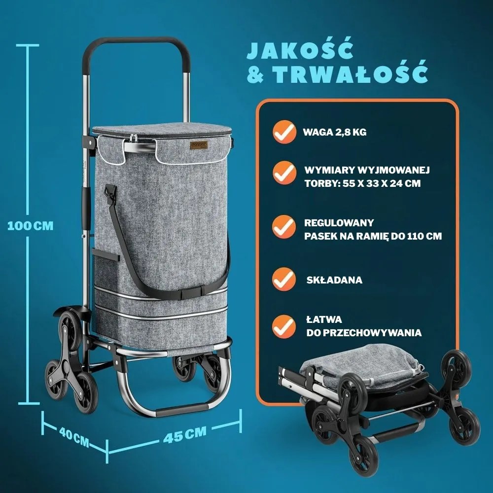 Torba na zakupy na kółkach do schodów COMFORT, 50l, szara Jurhan
