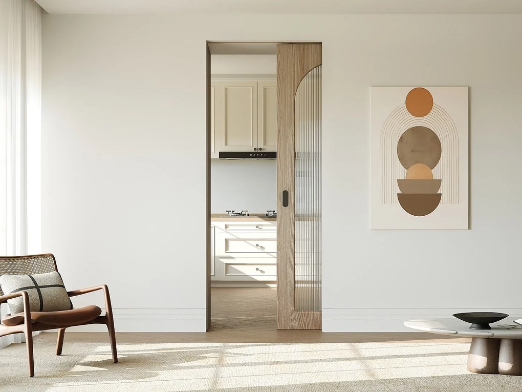 Drzwi przesuwne chowane w ścianie drewniane i z MDF - łuk z żebrowanego szkła hartowanego - W205 x S83 cm - ODEZA