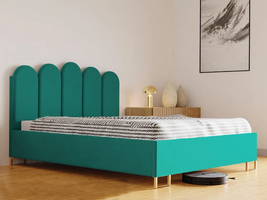 Łóżko tapicerowane MALAGA, wezgłowie, obicie VELUTTO, pojemnik na pościel, podnośnik gazowy, wysokość spania 39 cm, 120x200 cm, Zielony