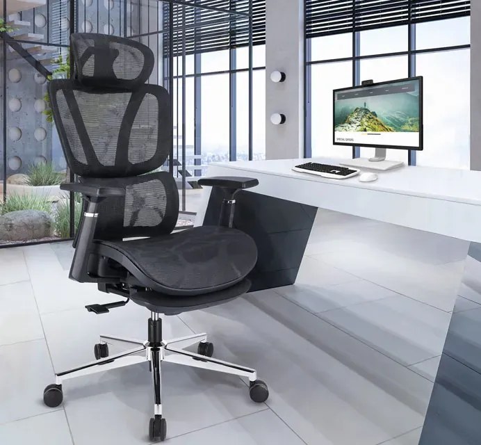 Czarny ergonomiczny fotel obrotowy z zagłówkiem i podnóżkiem - Floris 4X