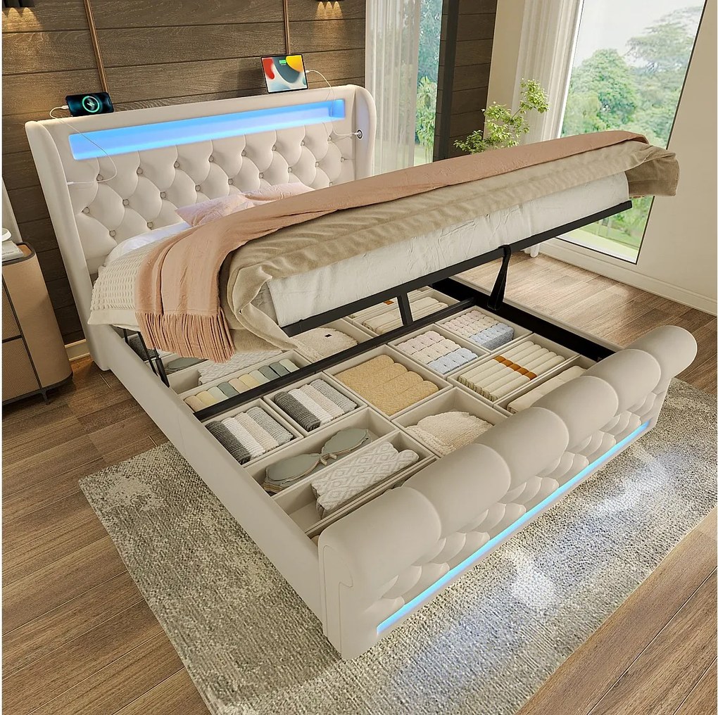 Łóżko tapicerowane ze schowkiem - 140 x 200 cm - z diodami LED - zagłówek ze schowkiem i USB - aksamit - beż