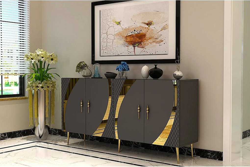 Komoda – 150 cm – Antracyt i złoto – Płyta wiórowa