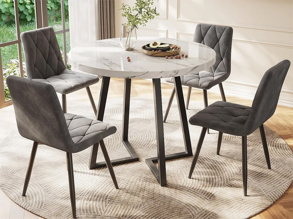 Stół jadalny okrągły - metalowa konstrukcja - okleina w marmurowy wzór - Biały i Czarny