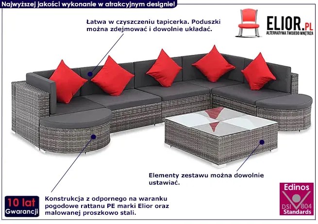 8 częściowy zestaw ogrodowy ze stolikiem szaro czerwony P8-F00