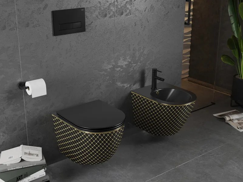 Mexen Lena miska wc Rimless z deską wolnoopadającą slim, duroplast, czarna mat/złota wzór kratka - 30224079