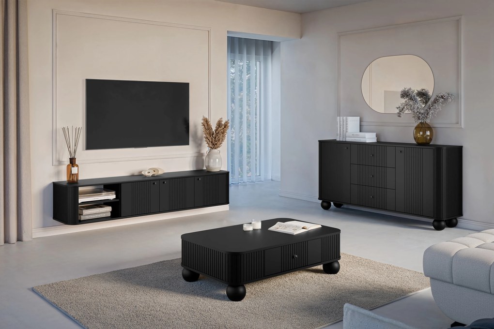 Szafka RTV wisząca Vesper 187 cm - czarny / czarne uchwyty