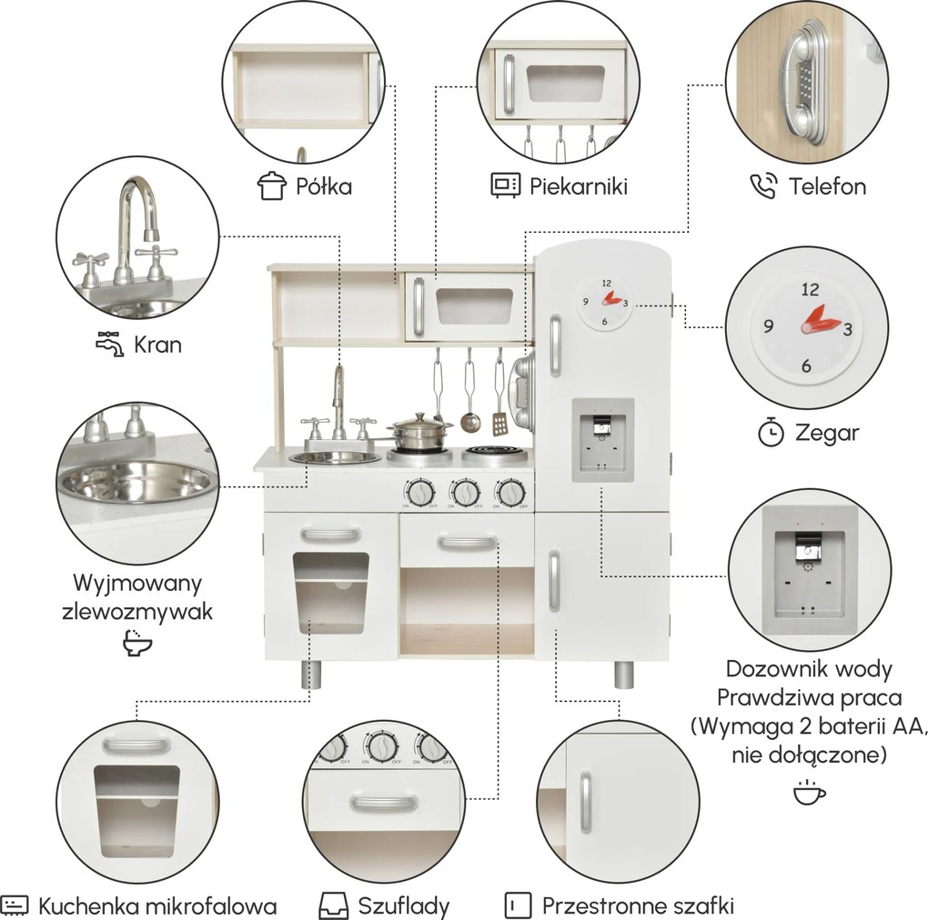 HOMCOM Kuchnia dla Dzieci z Akcesoriami, Marzenie o Kuchni, Zabawkowa Kuchnia, Kuchnia dla Dzieci od 3 Lat, Sosna, MDF, Biały, 74 x 30 x 81 cm