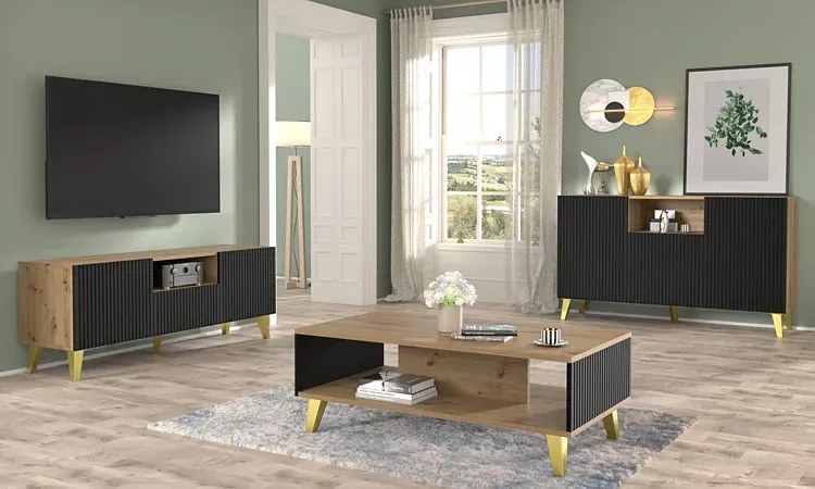 Szafka na TV dąb artisan z czarnymi lamelami D1-P35