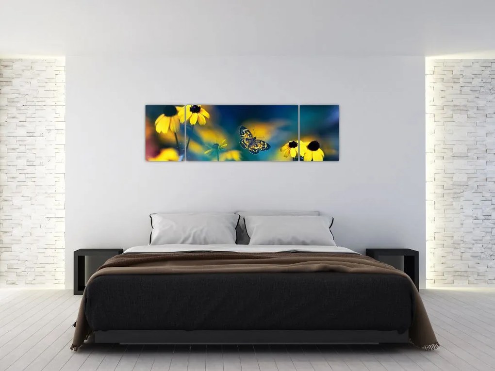 Obraz - Żółty motyl z kwiatami (170x50 cm)