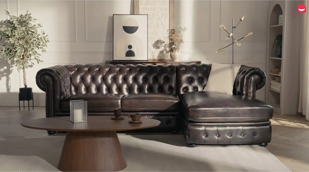 Kanapa narożna BRENTON w stylu Chesterfield, 100% skóry bawolej – kolor brązowy z kasztanowymi refleksami – Narożnik prawostronny