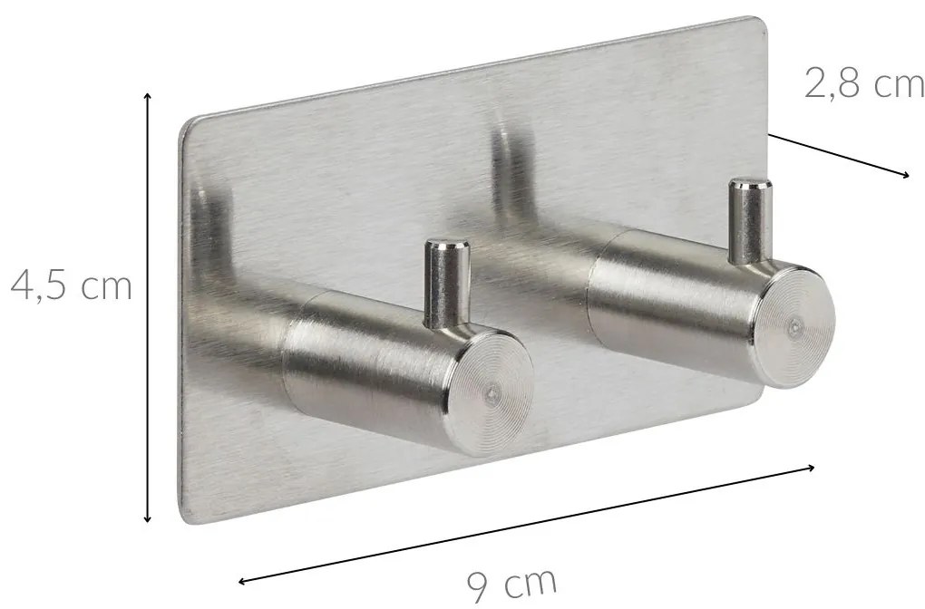 Haczyk samoprzylepny STIKY+ 2 uchwyty, stal nierdzewna, 9 x 2,8 x 4,5 cm
