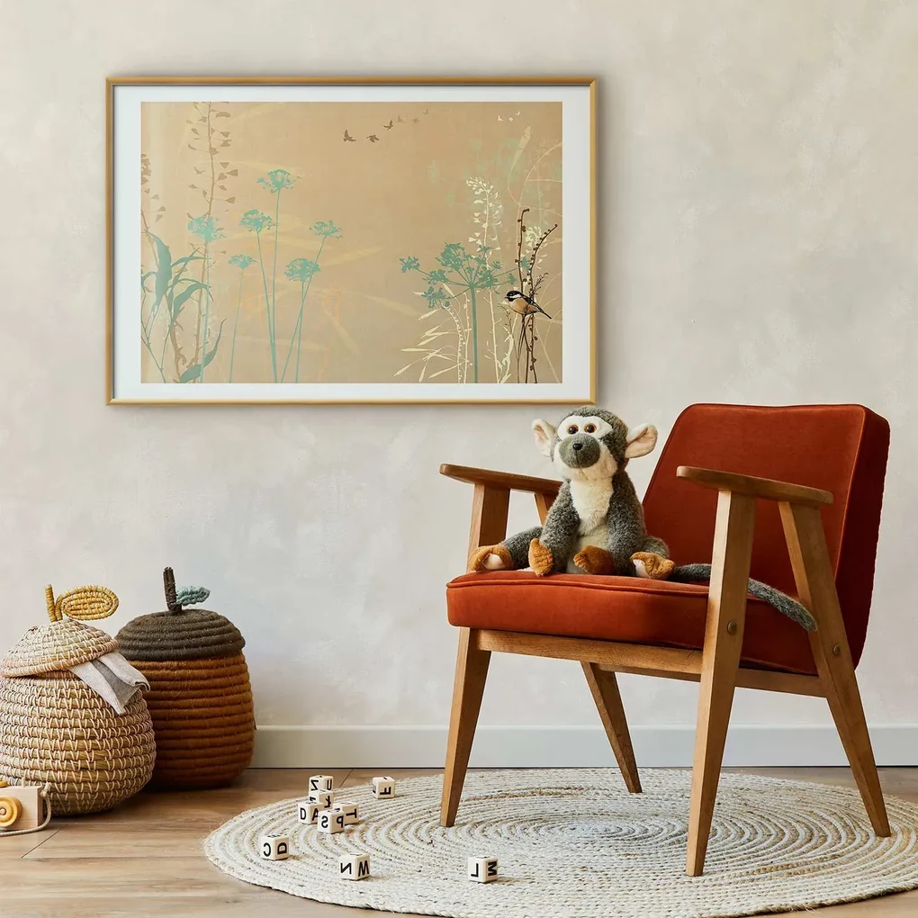 Plakat Ptaszek na łące 60x40 cm z ramą złotą z marginesem ARTGEIST B