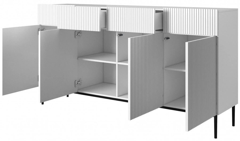 Komoda czterodrzwiowa Nicole 200 cm z szufladami z ryflowanym frontem - biały mat / czarne nóżki