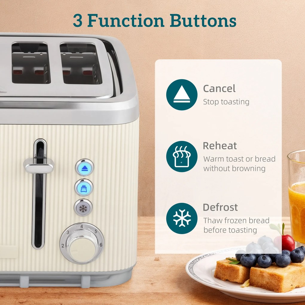 HOMCOM 2200 W, 1,7 l czajnik z funkcją szybkiego gotowania, filtrem przeciwkamiennym i 4-kromkowym tosterem z 7 stopniami zarumienienia, kremowo-biały | Aosom PL