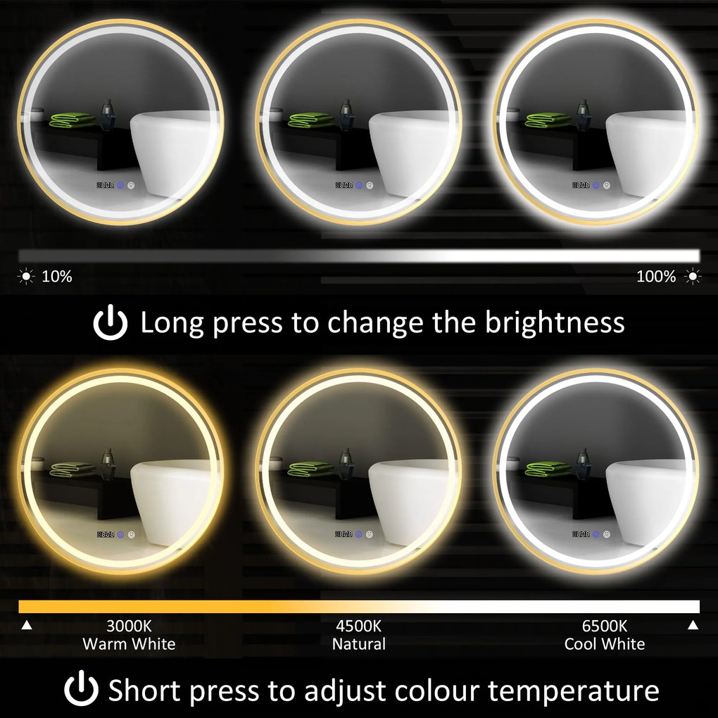HOMCOM Okrągłe Lustro Łazienkowe z LED, Lustro Łazienkowe z Funkcją Przeciwmgielną, Dotykowa Obsługa, Wyświetlacz